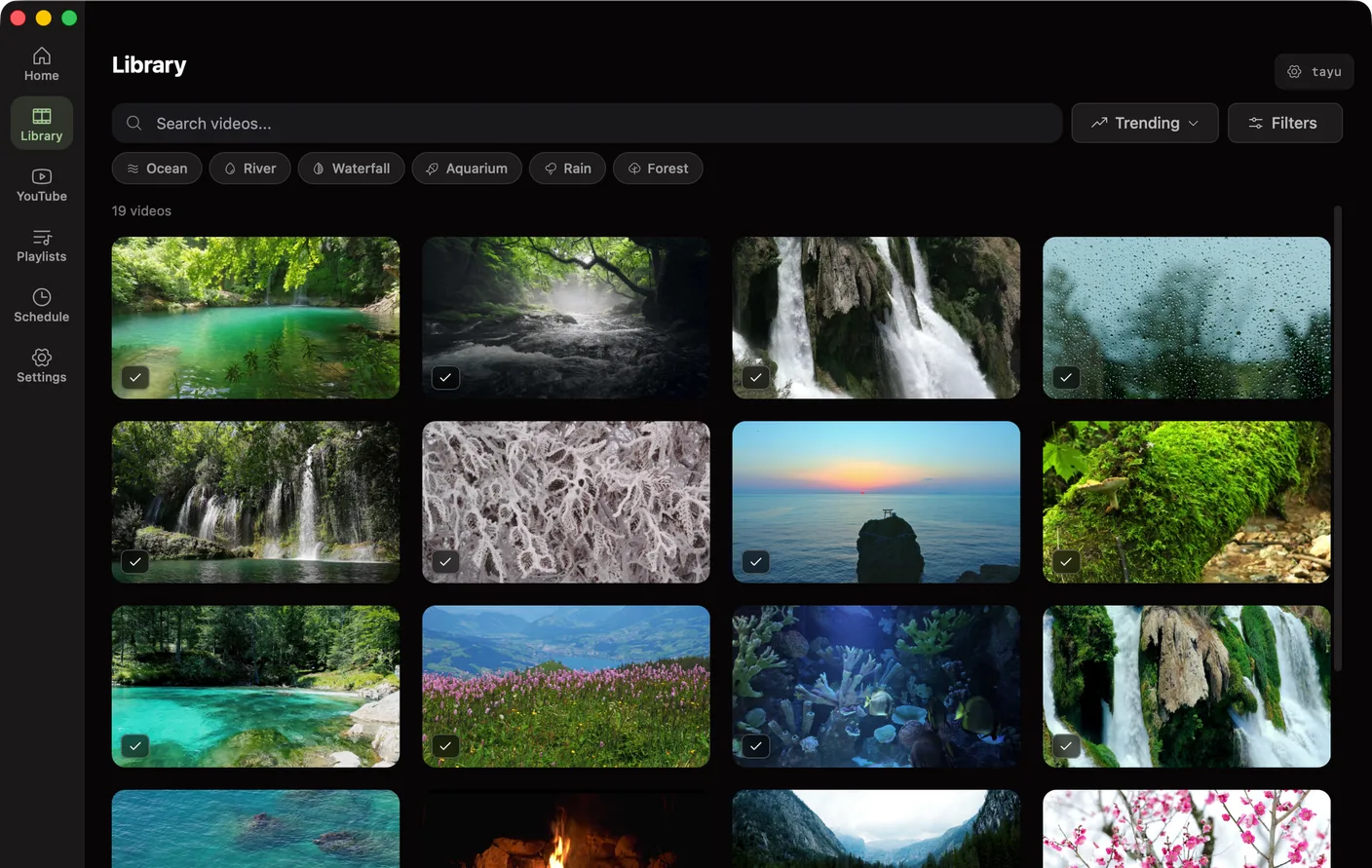 The Tayu app on macOS showing its built-in 4K scene library as a grid of waterfall, ocean, forest, and rain scenes